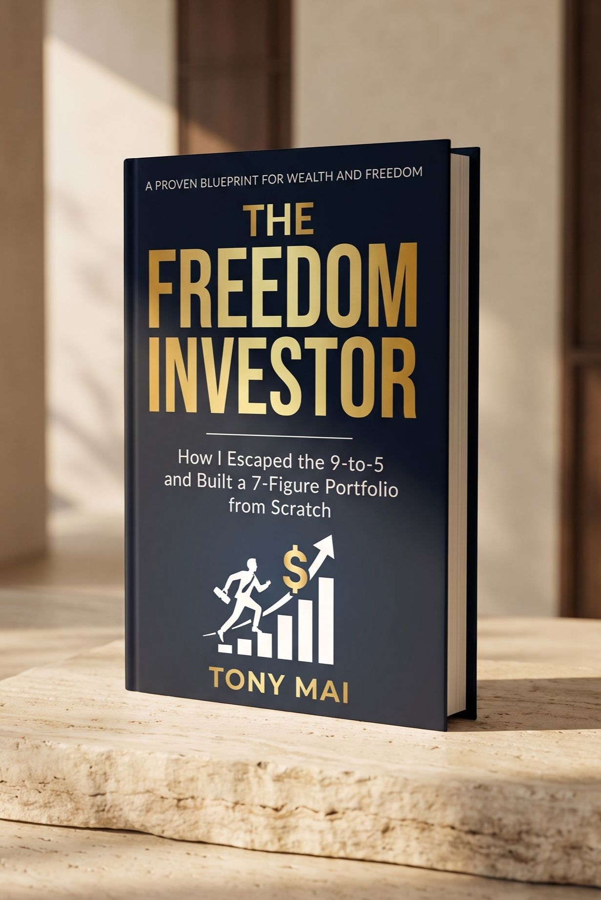 The Freedom Investor by Tony Mai — hardcover standing on a travertine ledge