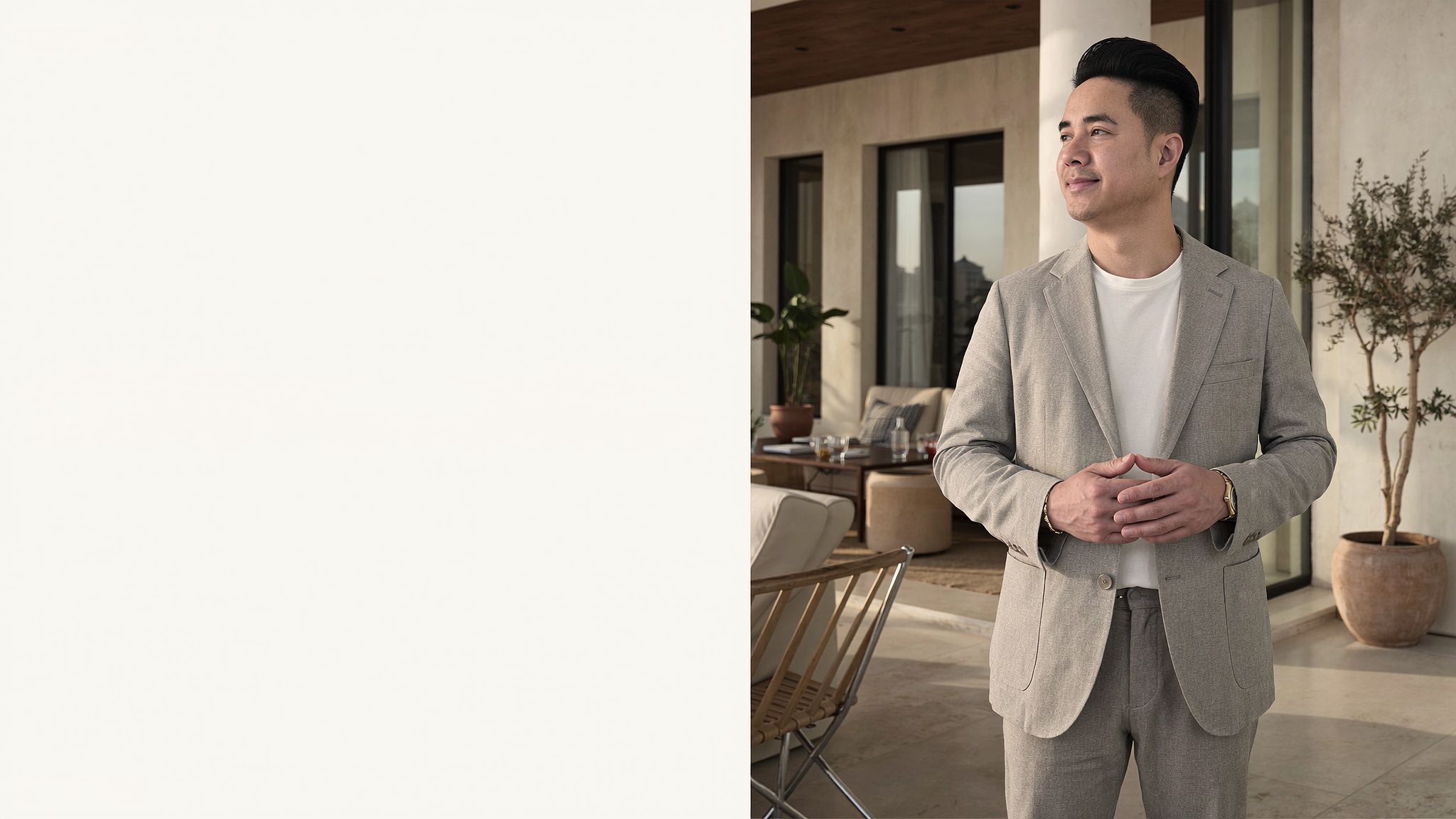 Tony Mai in a relaxed architectural setting